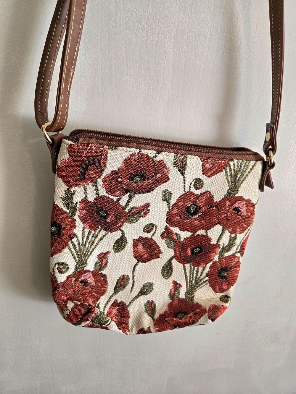 Red Poppy Floral Crossbody Bag with Brown Strap
